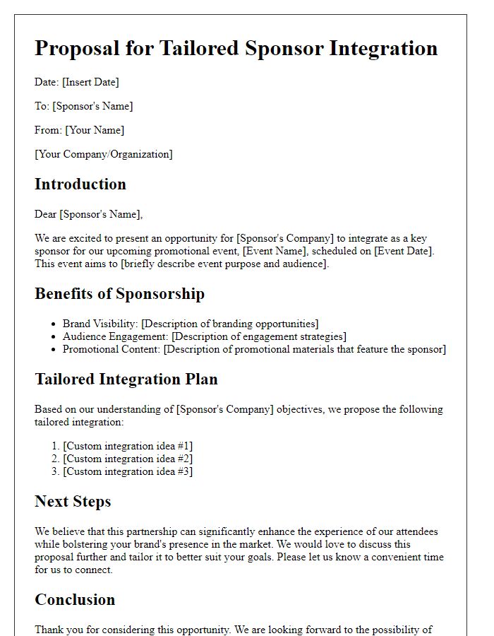 Letter template of tailored sponsor integration for promotional event marketing.