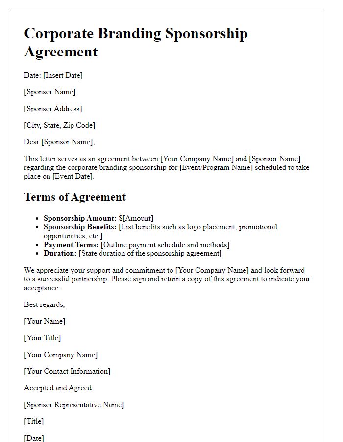 Letter template of corporate branding sponsorship agreement.