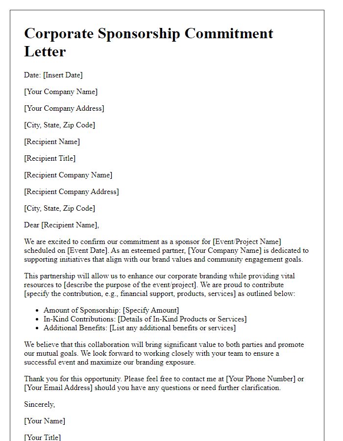 Letter template of corporate branding sponsorship commitment letter.