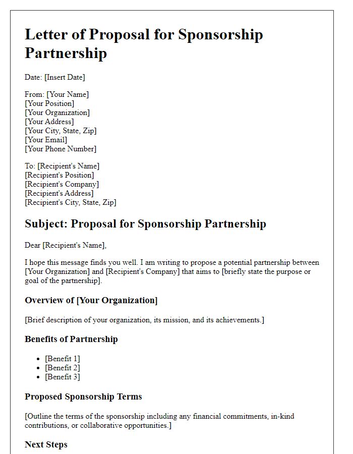 Letter template of potential sponsorship partnership outline