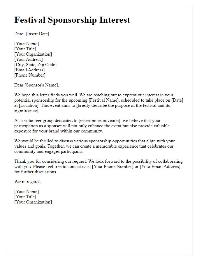 Letter template of festival sponsorship interest for volunteer groups