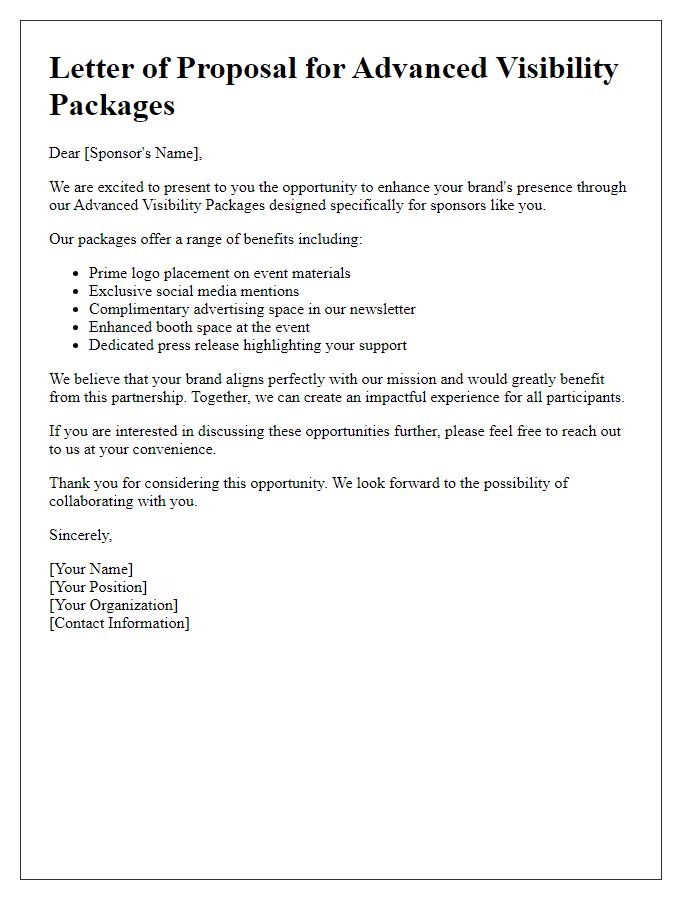 Letter template of Advanced Visibility Packages for Sponsors