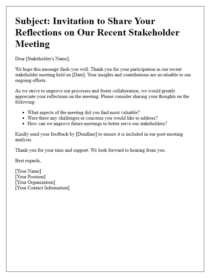 Letter template of solicitation for stakeholder meeting reflections.