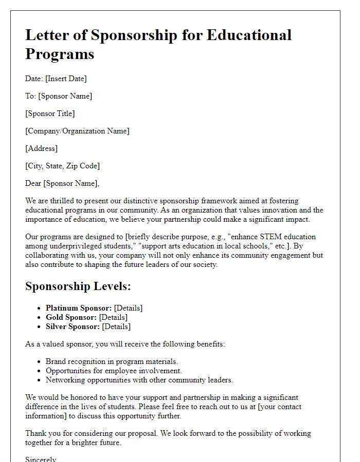 Letter template of distinctive sponsorship framework for educational programs