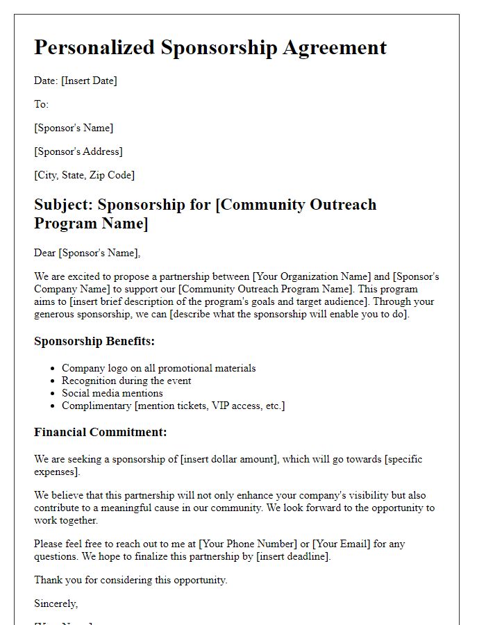 Letter template of personalized sponsorship agreement for community outreach