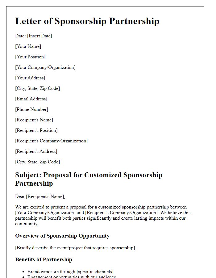 Letter template of customized sponsorship partnership outline.