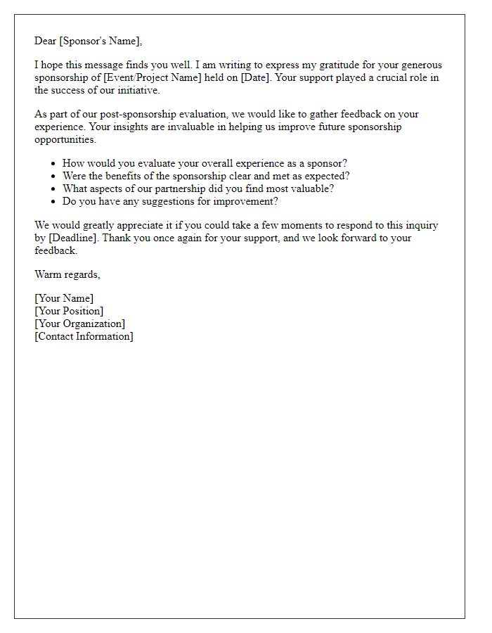 Letter template of post-sponsorship evaluation inquiry