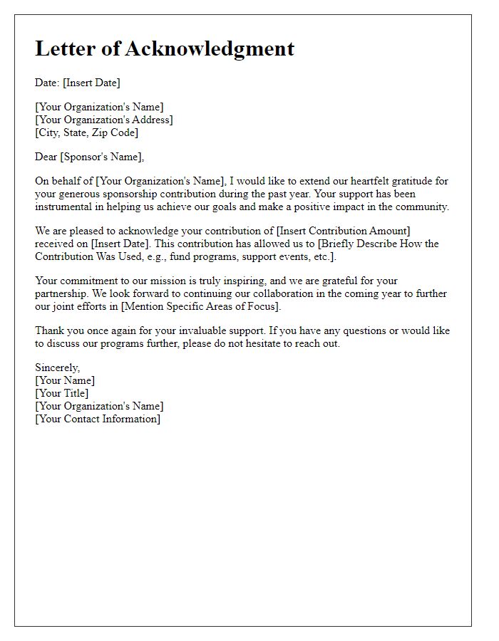 Letter template of acknowledgment for year-end sponsorship contributions