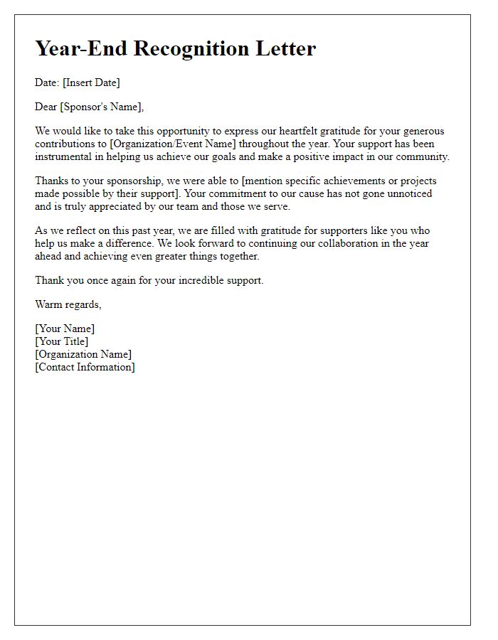 Letter template of recognition for sponsor contributions at year-end