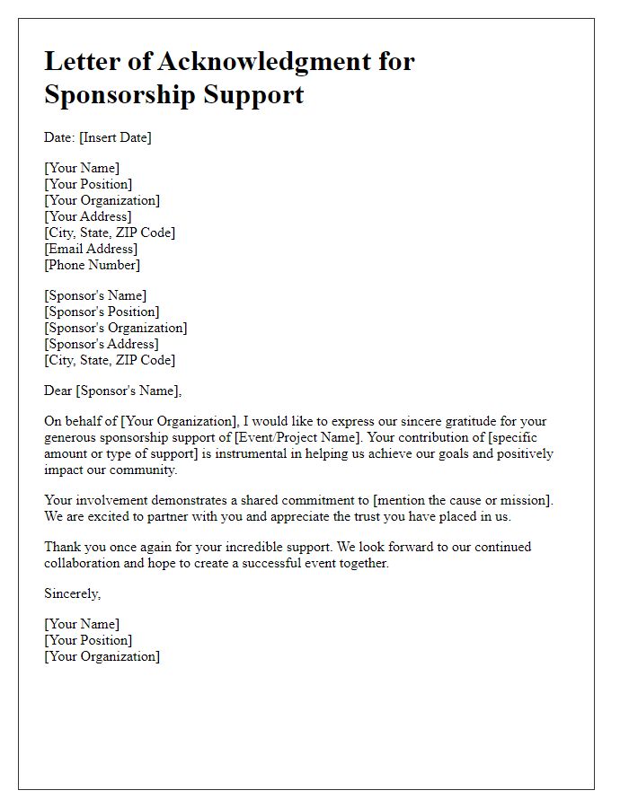 Letter template of acknowledgment for sponsorship support