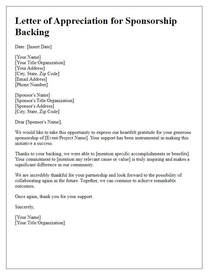 Letter template of appreciation for sponsorship backing