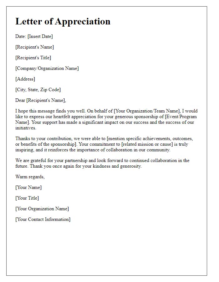 Letter template of warm appreciation for sponsorship