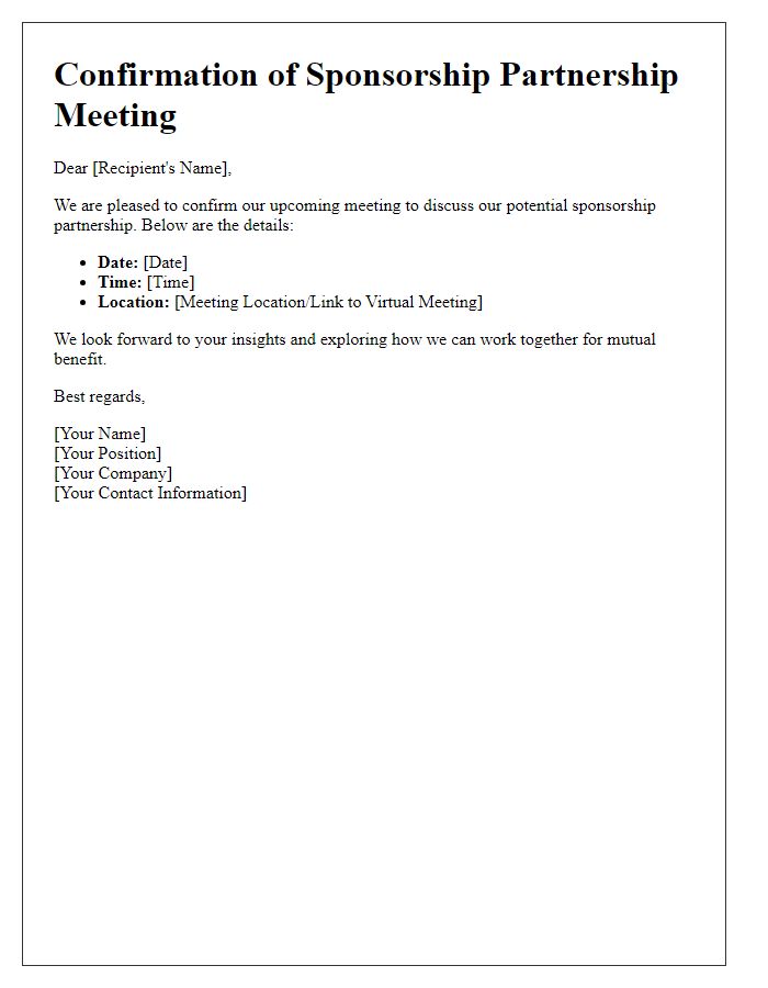 Letter template of confirmation for sponsorship partnership meetings