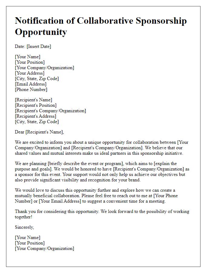 Letter template of notification for a collaborative sponsorship opportunity