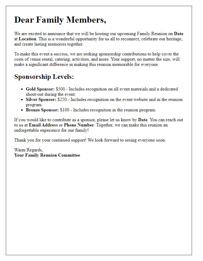 Letter template of familial fundraising sponsorship invitation for a family reunion.