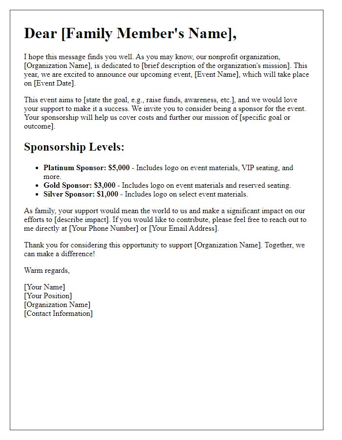 Letter template of familial fundraising sponsorship for a nonprofit organization event.