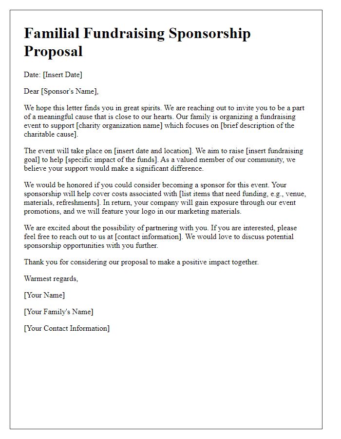 Letter template of familial fundraising sponsorship proposal for a charitable cause.