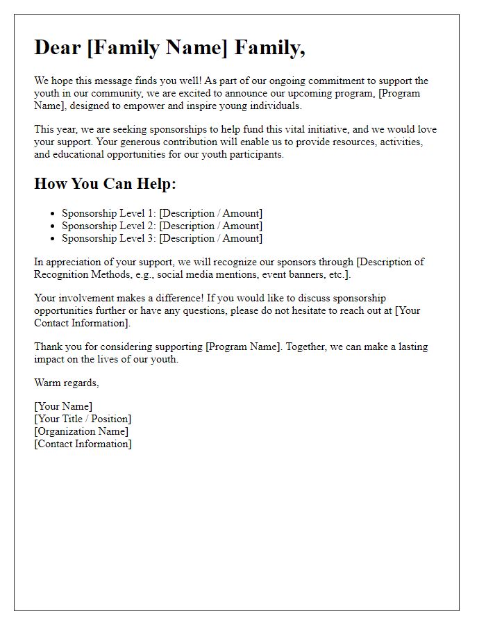 Letter template of familial fundraising sponsorship recruitment for a youth program.