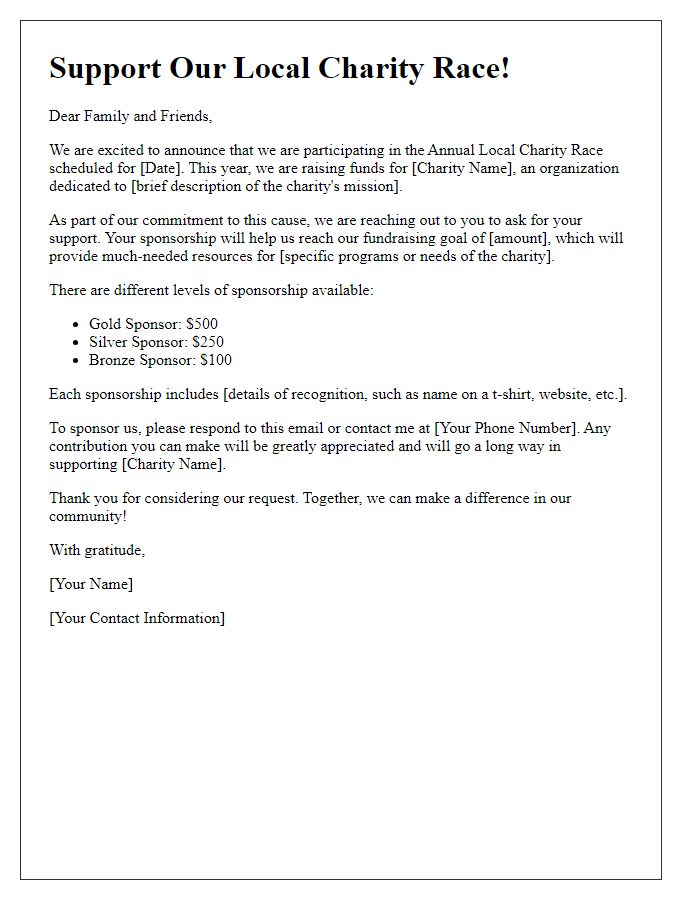 Letter template of familial fundraising sponsorship solicitation for a local charity race.