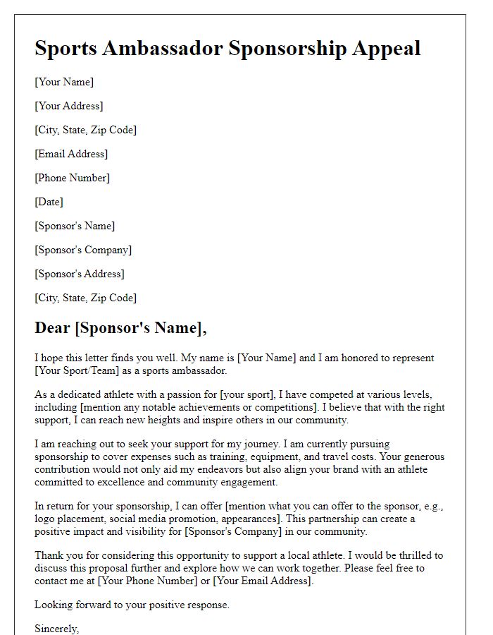 Letter template of sports ambassador sponsorship appeal