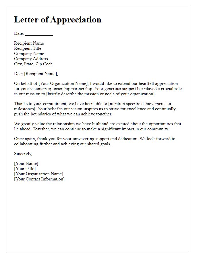 Letter template of appreciation for visionary sponsorship partnership