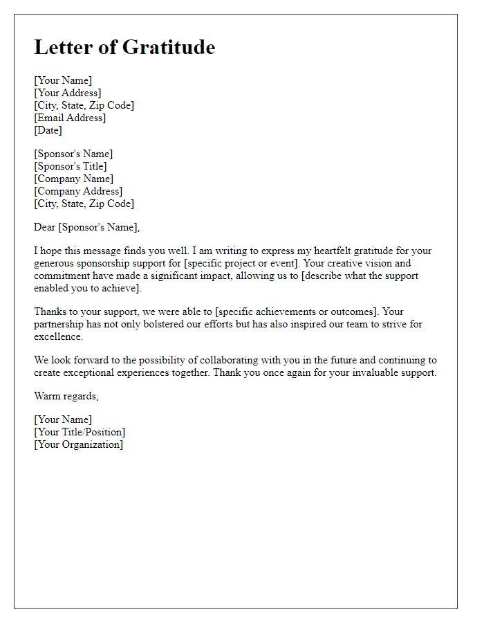 Letter template of gratitude for creative sponsorship support