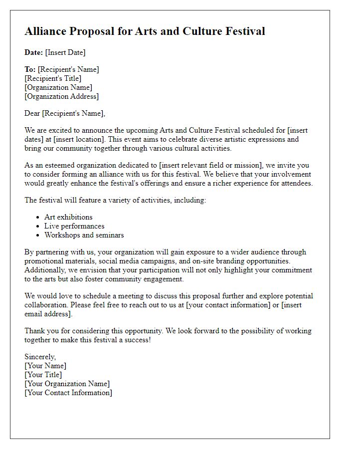 Letter template of alliance proposal for arts and culture festival.