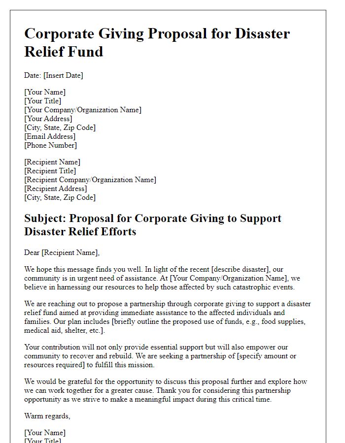 Letter template of corporate giving proposal for disaster relief fund.