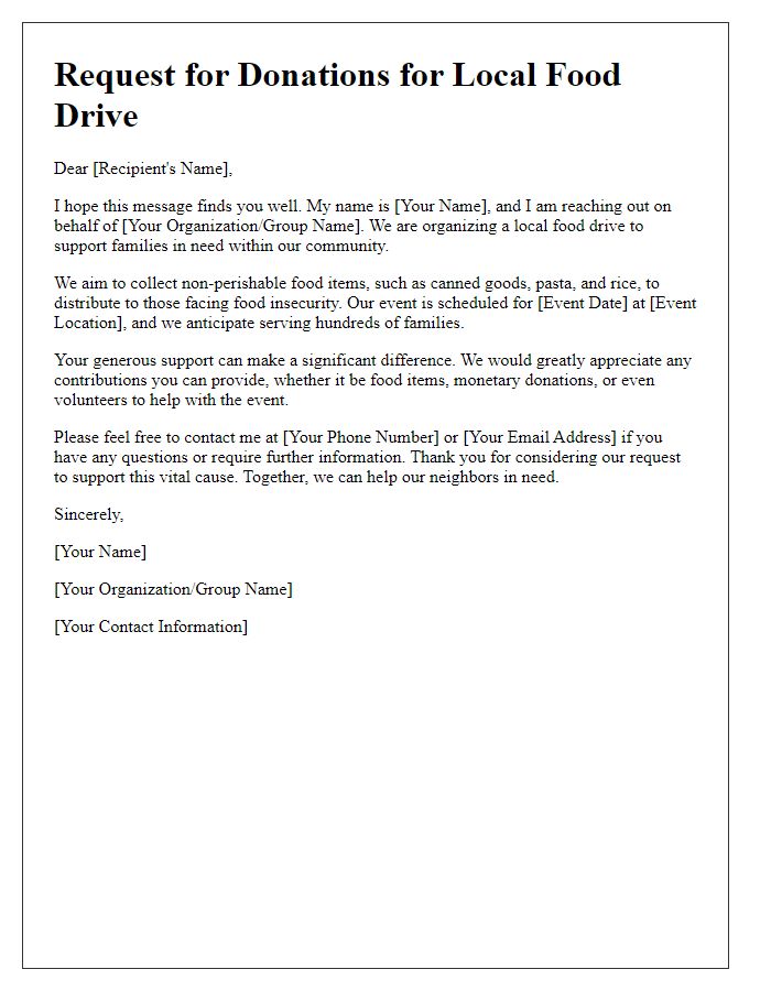 Letter template of donation request for local food drive.