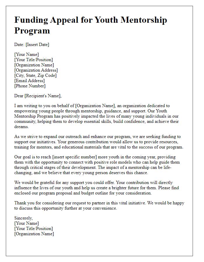 Letter template of funding appeal for youth mentorship program.