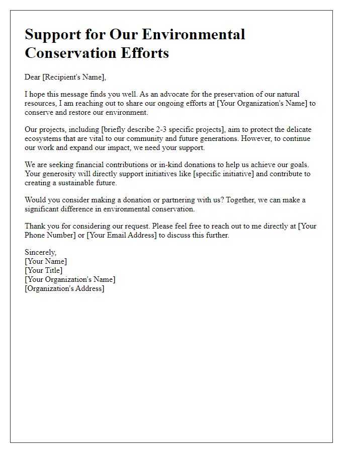 Letter template of support solicitation for environmental conservation efforts.