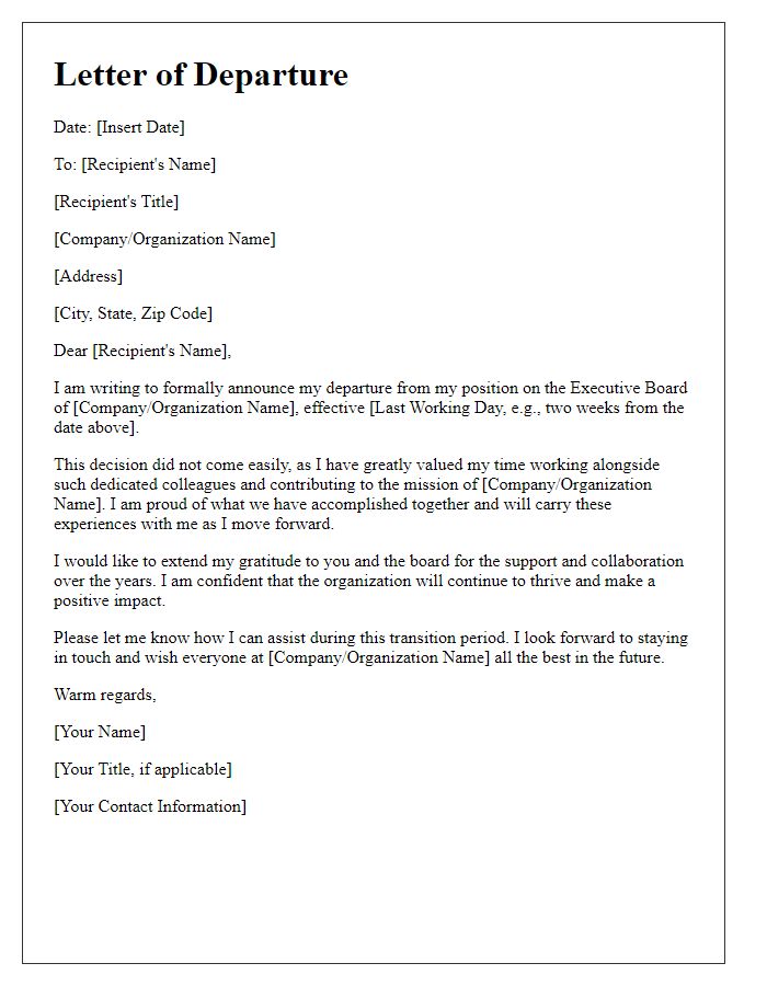 Letter template of departure from executive board position