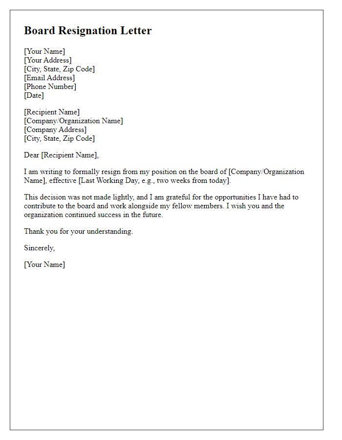 Letter template of formal board resignation