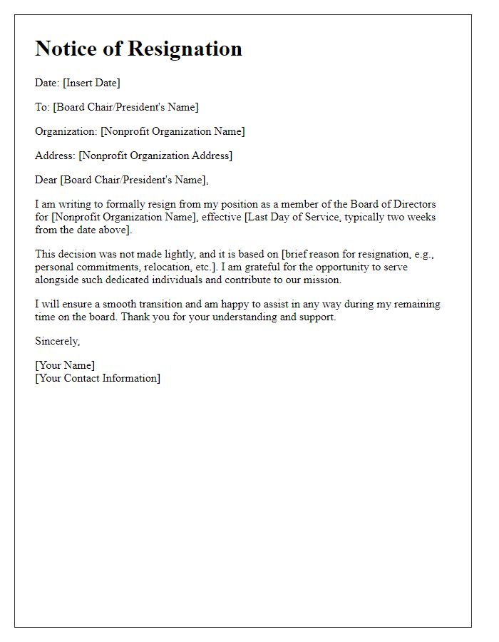 Letter template of notice of resignation from nonprofit board