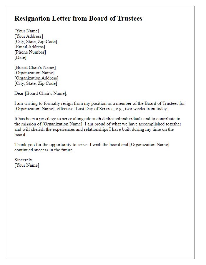 Letter template of resignation from board of trustees