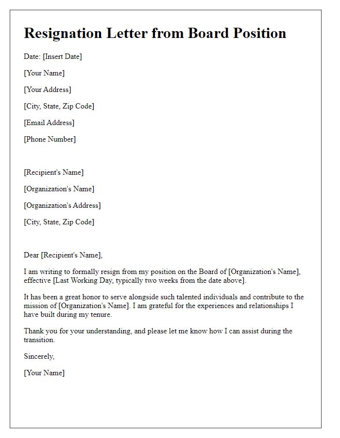 Letter template of resignation from board position