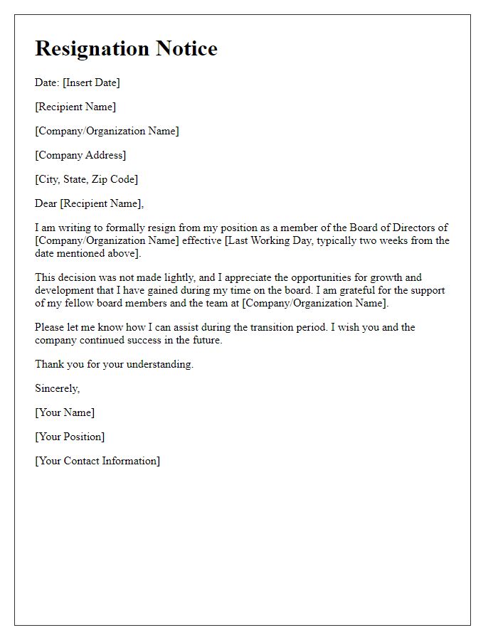 Letter template of resignation notice for board directors