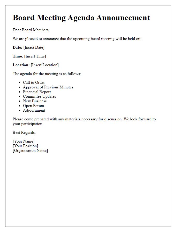 Letter template of board meeting agenda announcement