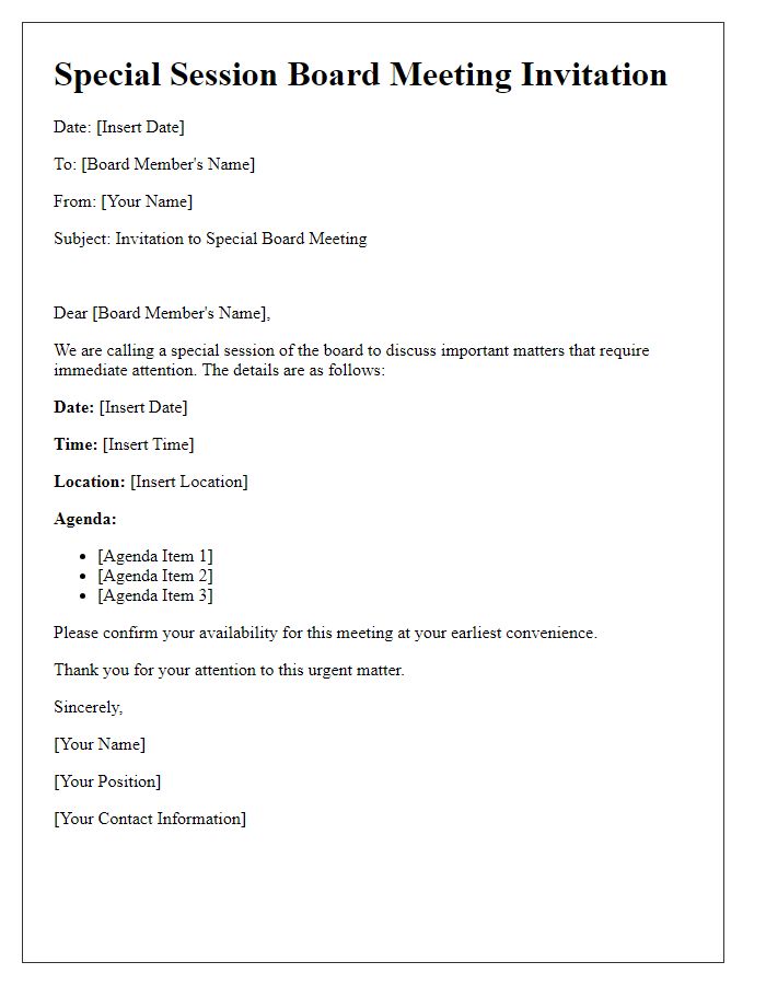 Letter template of special session board meeting invite