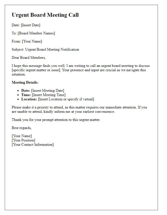 Letter template of urgent board meeting call