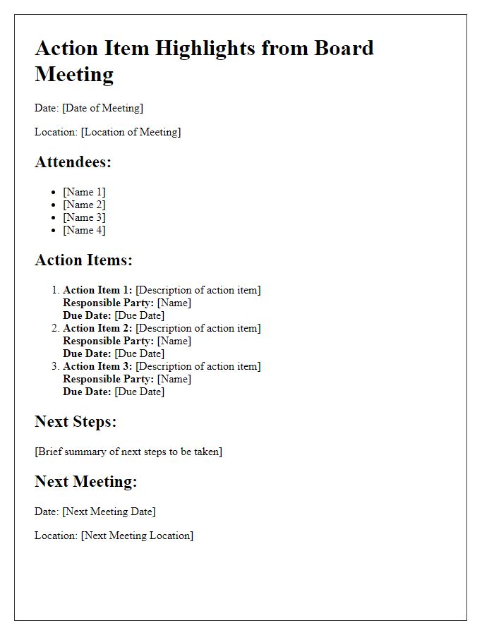 Letter template of action item highlights from board meeting