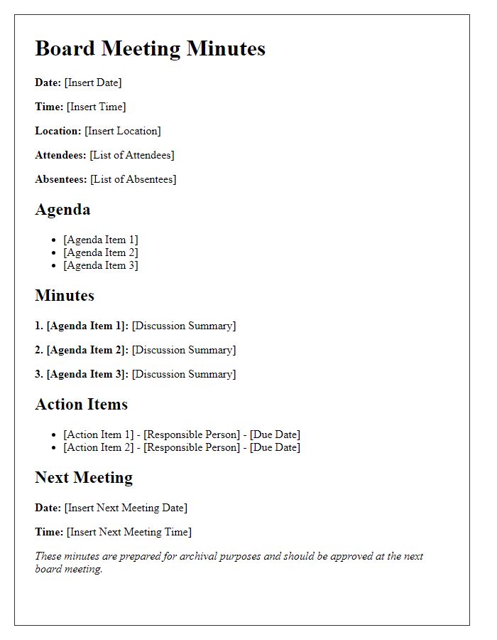 Letter template of board meeting minutes for archival purposes