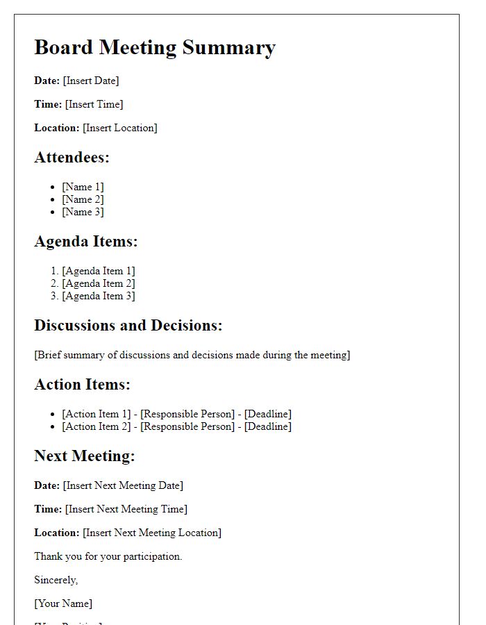 Letter template of board meeting summary for distribution