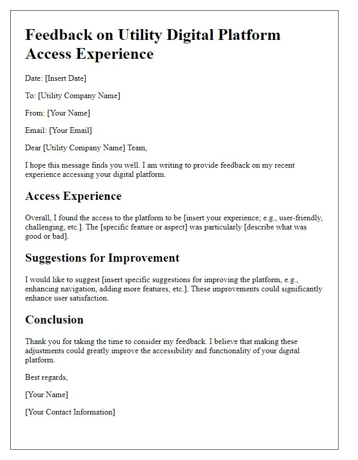 Letter template of Feedback on Utility Digital Platform Access Experience