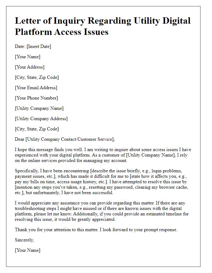 Letter template of Inquiry Regarding Utility Digital Platform Access Issues