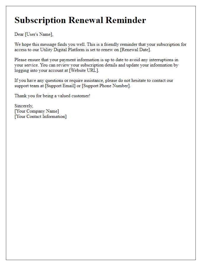 Letter template of Reminder for Utility Digital Platform Access Subscription Renewal
