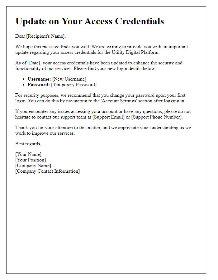 Letter template of Update on Utility Digital Platform Access Credentials