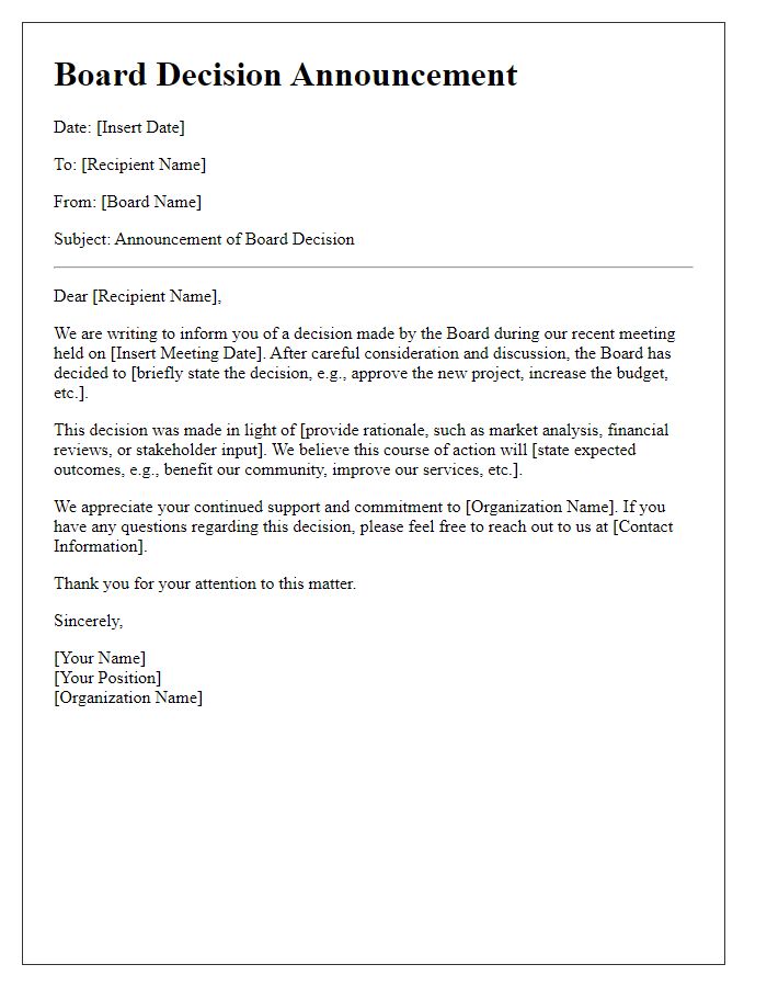 Letter template of Board Decision Announcement