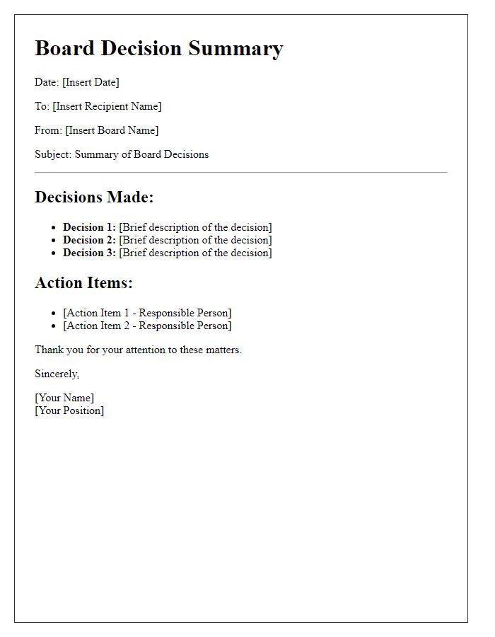 Letter template of Board Decision Summary