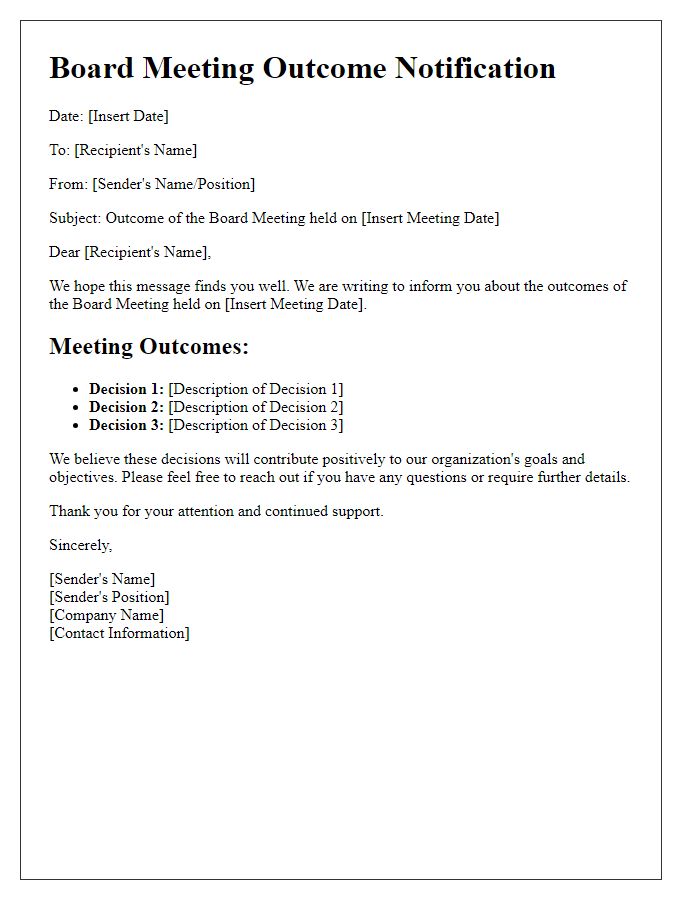 Letter template of Board Meeting Outcome Notification